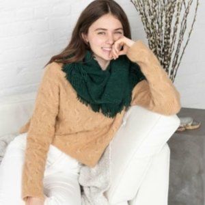 MSRP $35 Inc Raschel-Knit Loop Scarf With Fringe Green One Size